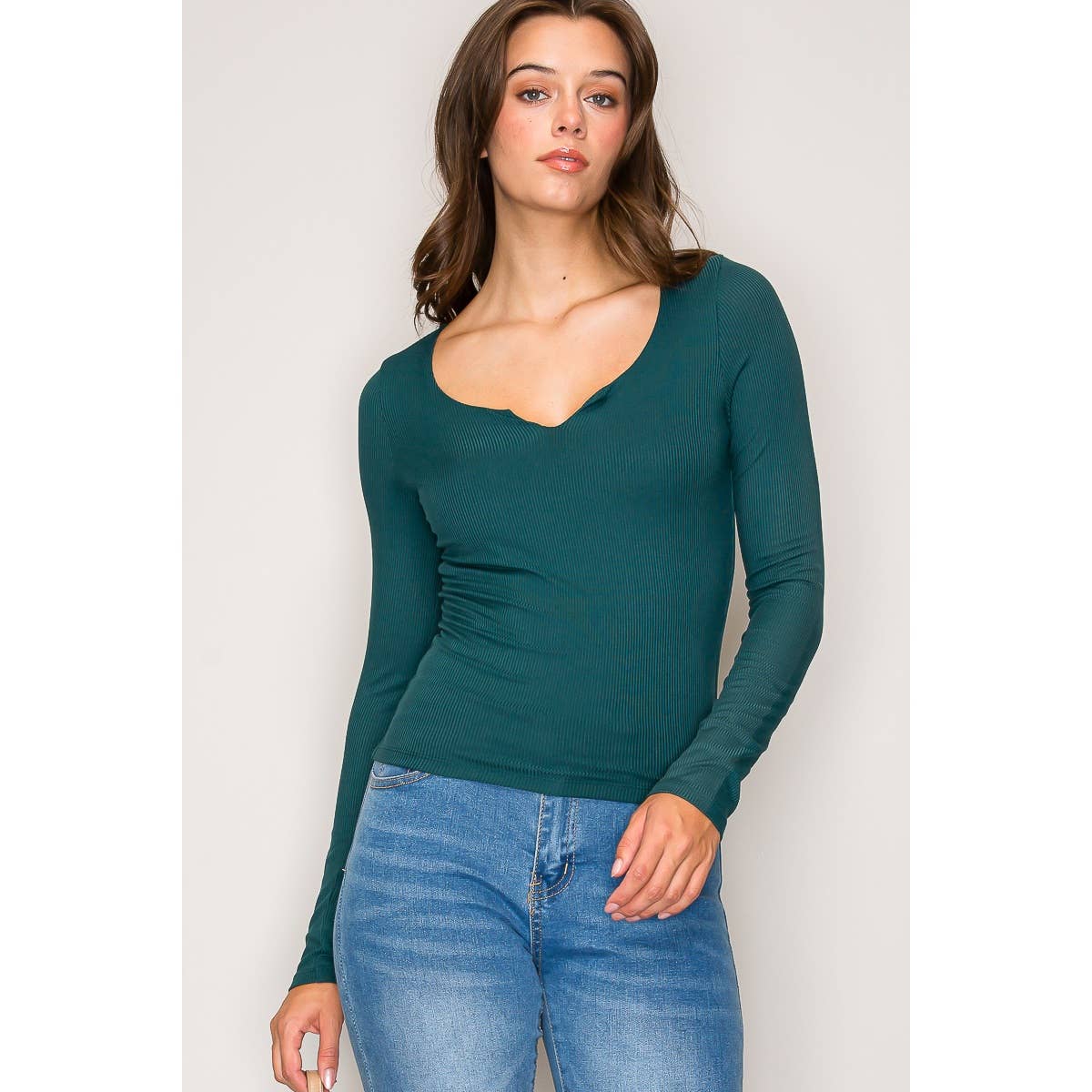 Notch Scoop Neck Double Layer Long Sleeve Knit Top: Botanical Garden/Hunter / S-M-L(2-2-2)