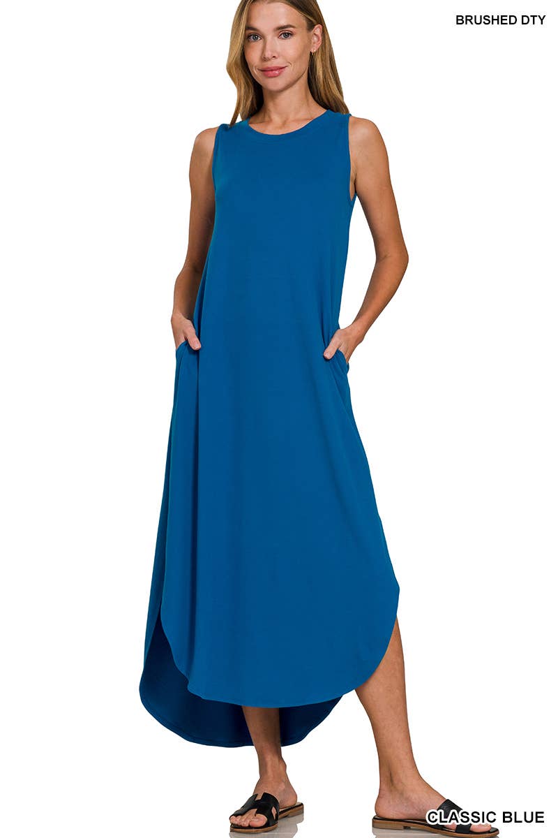 Brushed Dty Side Slit Dress With Pockets: BLACK / 1-1-1-1 (S-M-L-XL)