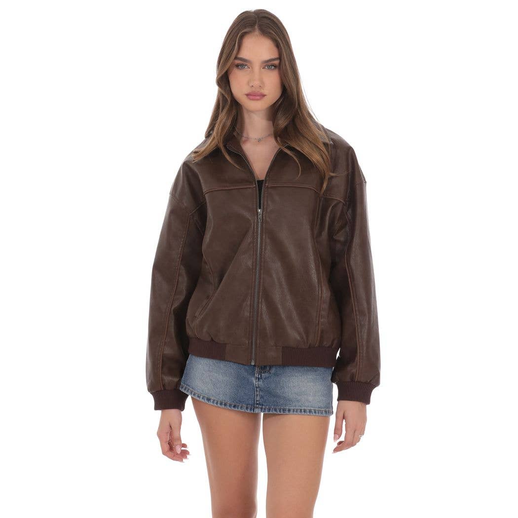 Faux Leather Bomber in Brown: XS