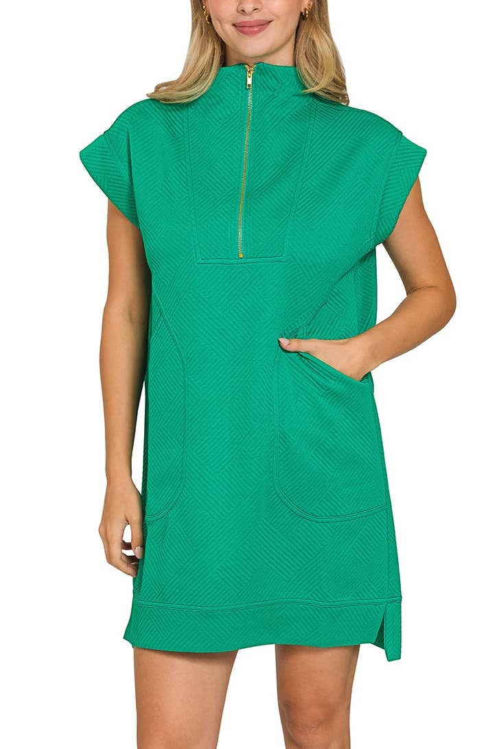 Textured Knit Jacquard Quarter Zipper Mini Dress: DUSTY BLUE / 2-2-2 (S-M-L)