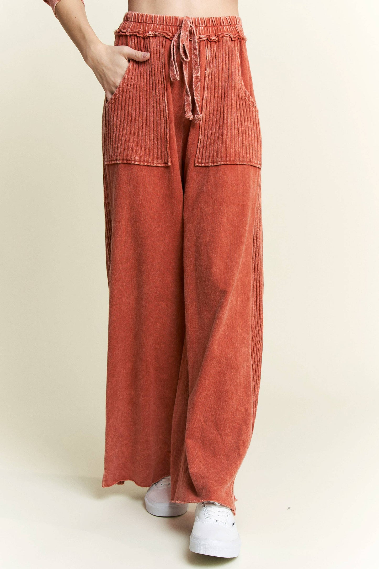 Best Mineral Wash Side Knit detail wide leg pantsHE5878P: Midnight Green / S-M-L / 2-2-2