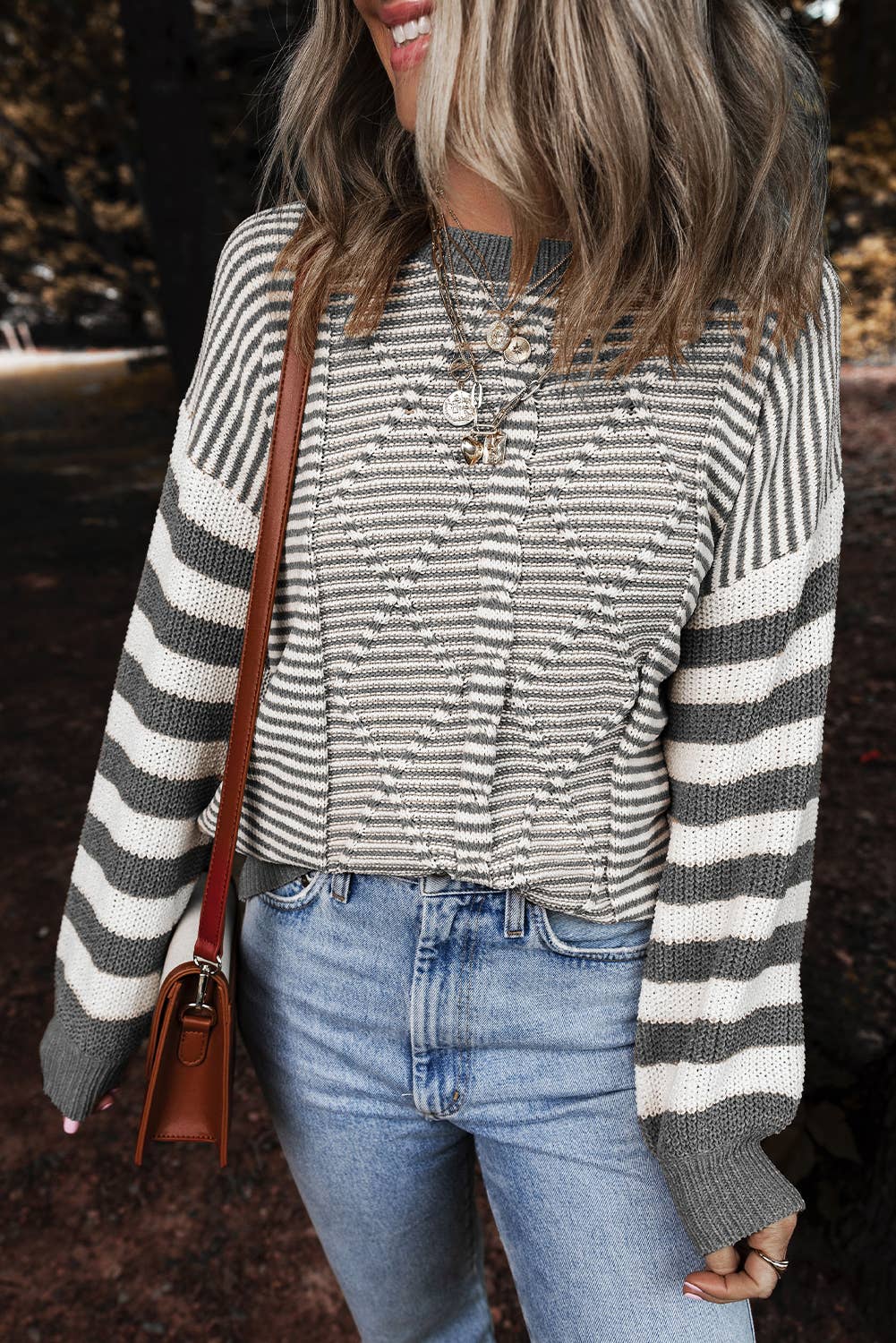 LDC Striped Patchwork Knit Sweater: Gray / S