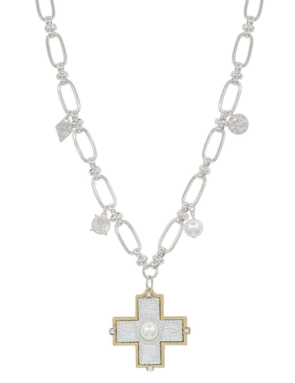 Silver Open Chain with Textured Cross with Pearl Charm 16"-18" Necklace