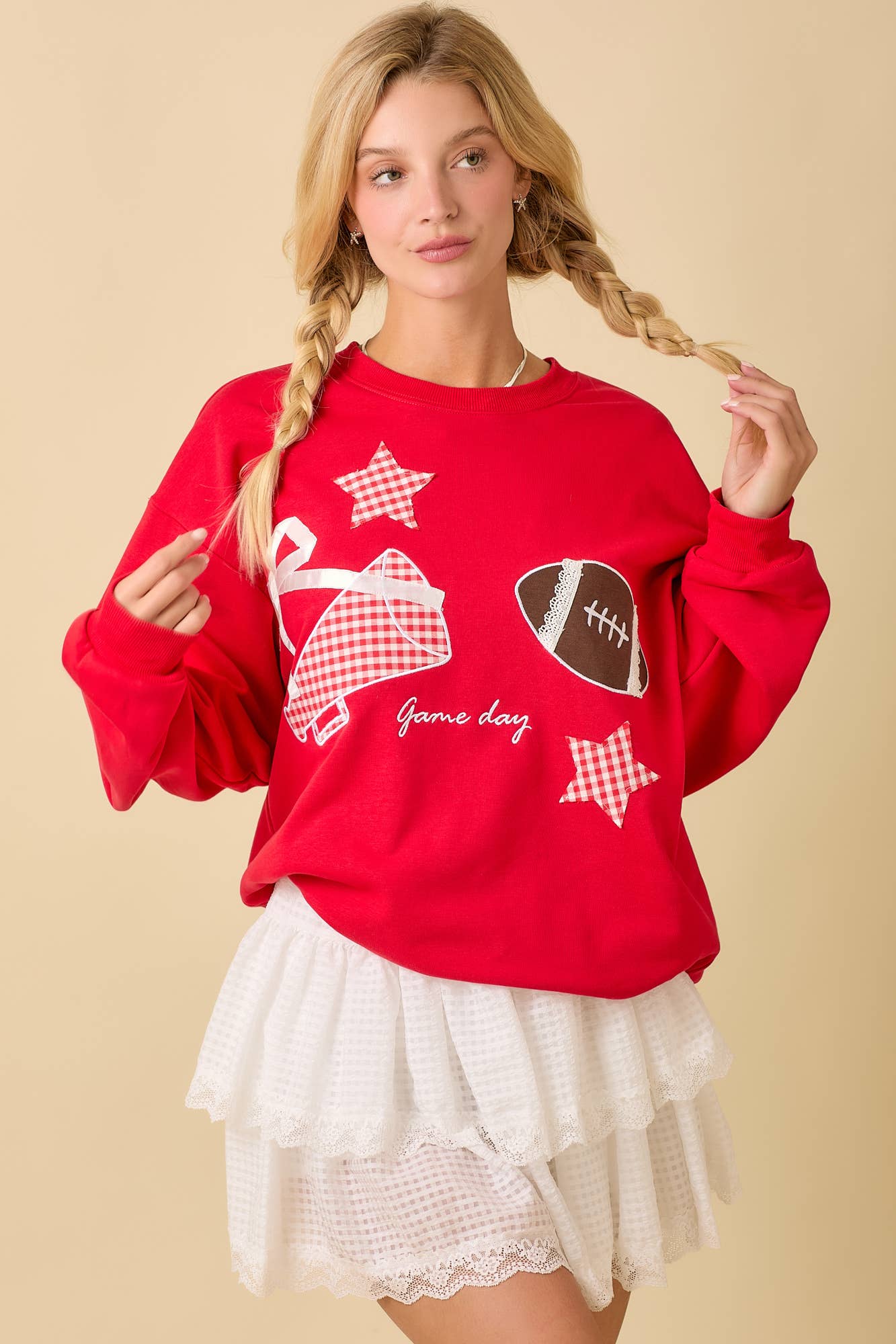 Football Game Day Patchwork Long Sleeve Crewneck Top: BLACK / S