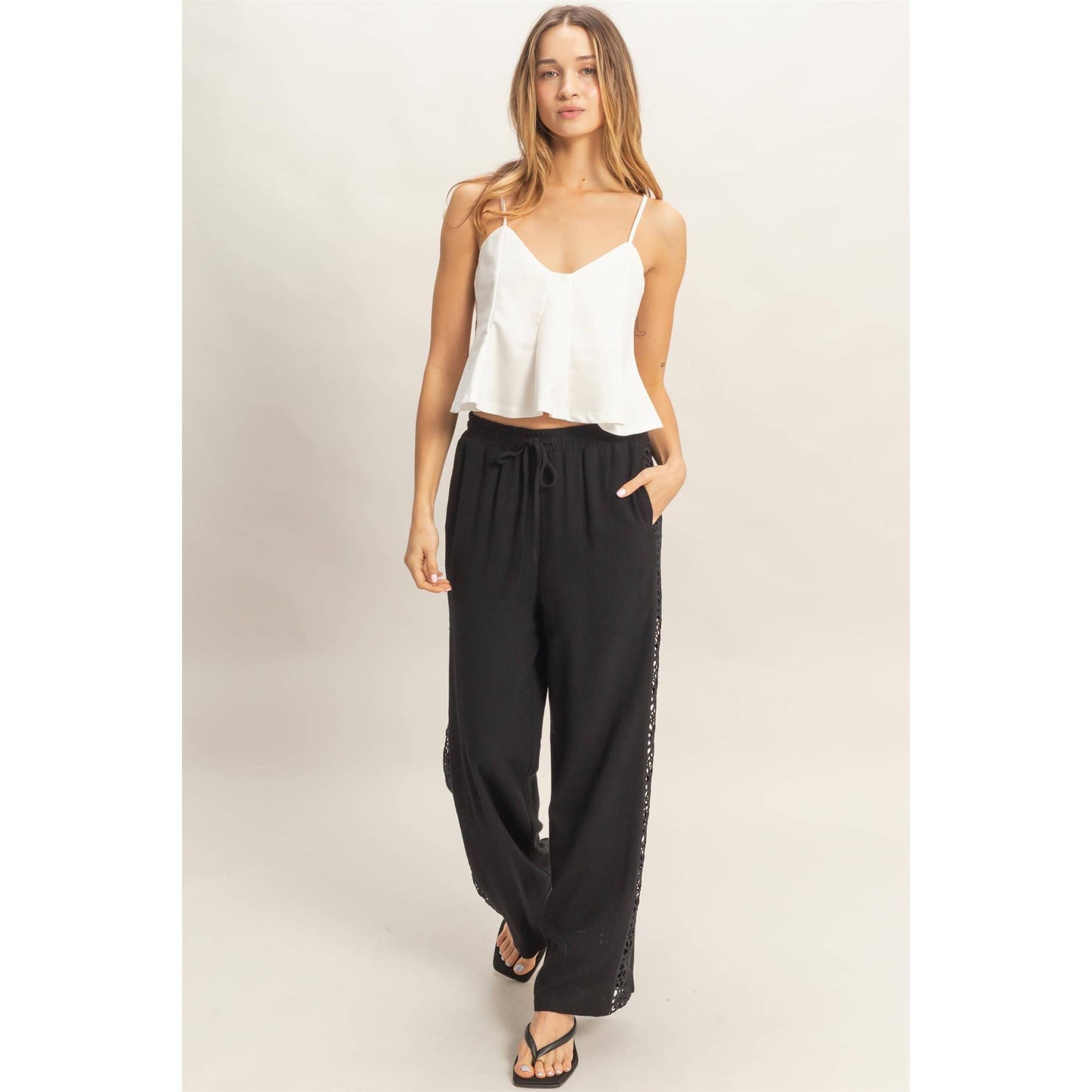 Lace Trim Wide Leg Pants: TERACOTTA / S-M-L(2-2-2)
