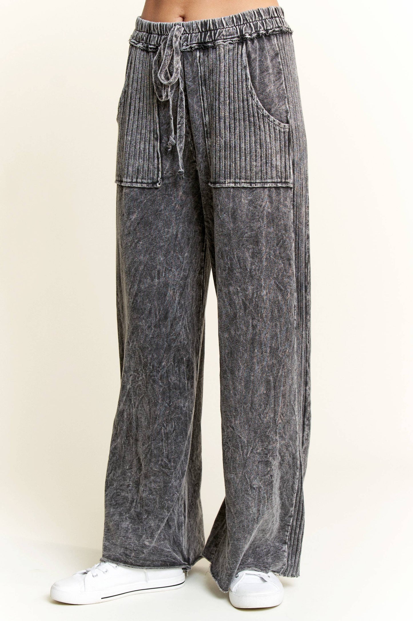 Mineral Wash Side Knit detail wide leg pants HE5878P: Midnight Green / S-M-L / 2-2-2