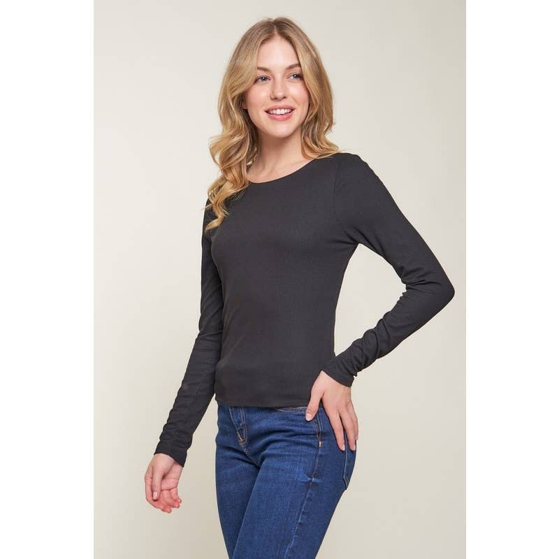 Double Layer Crew Neck Long Sleeve Rib Knit Top: Wine / S-M-L(2-2-2)