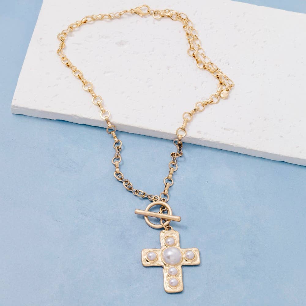 Pearl Studded Cross Pendant Toggle Chain Necklace: WG