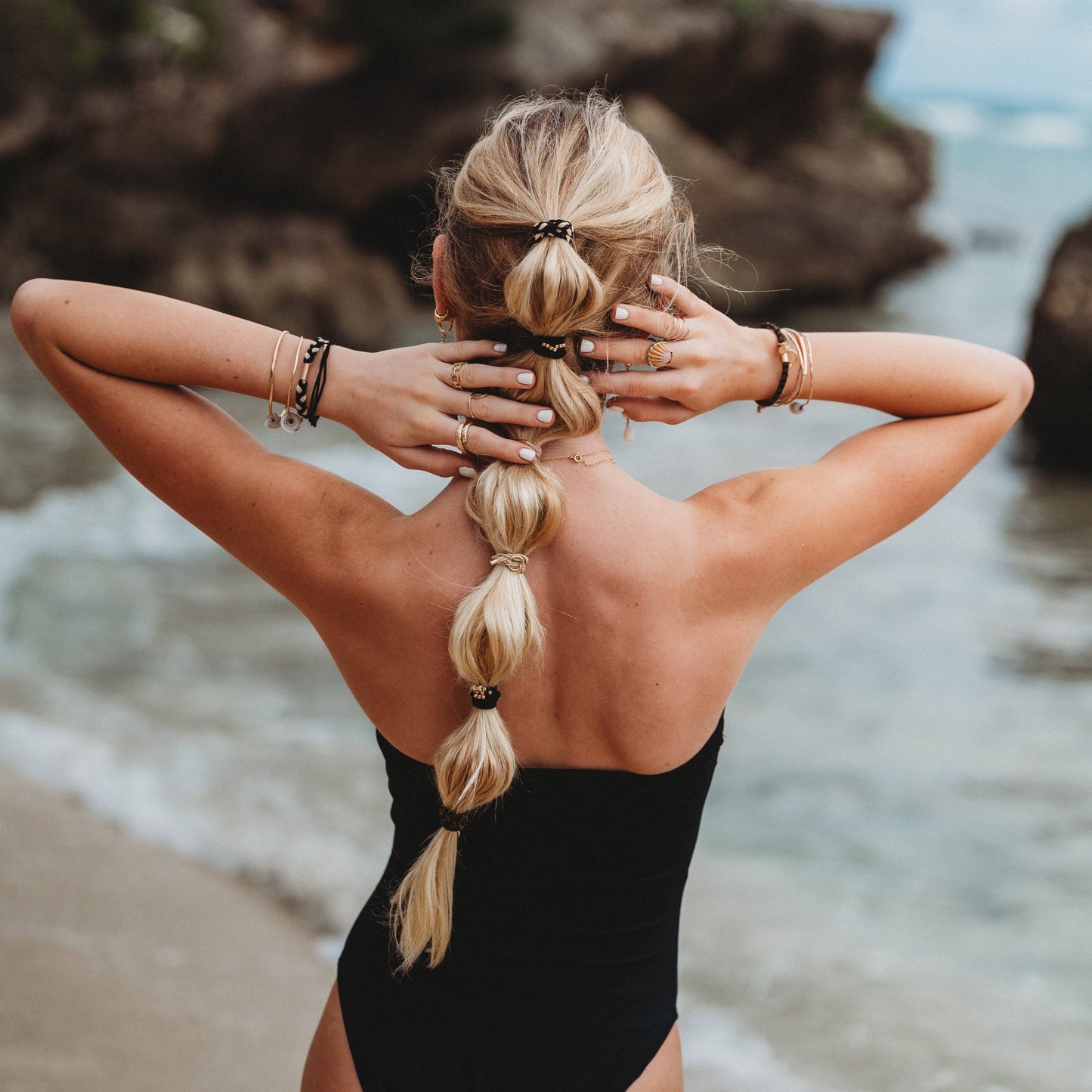 "Connect" Black and Cream with Gold Accent Hair Tie Bracelets: Small