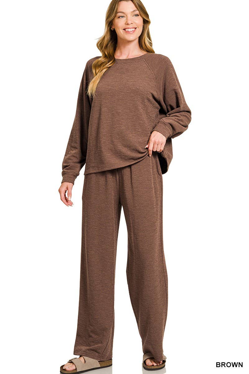 Slub Long Sleeve Top And Pants 2pcs Set: HUNTER GREEN / 1-1-1(S-M-L)