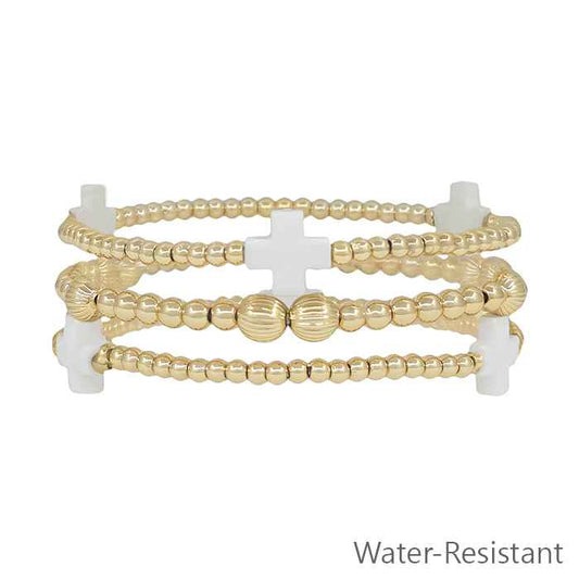 Water Resistant Gold Beaded and White Colored Cross Set of 3 Stretch Bracelets
