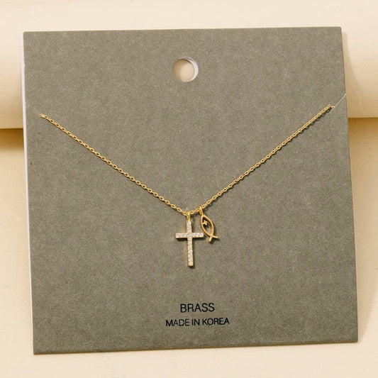 Pave Cross And Fish Charms Chain Necklace: GDCRY