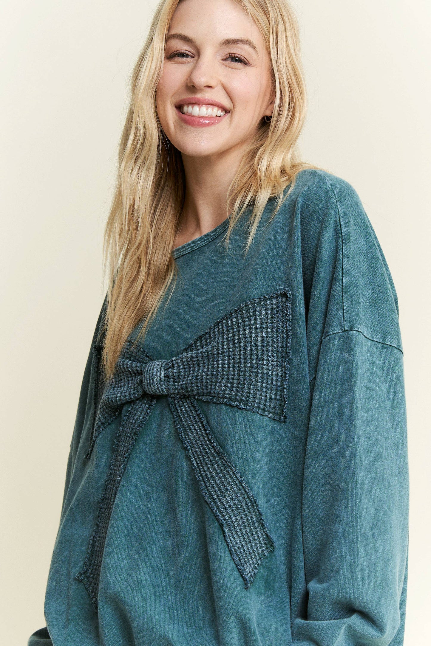 I'm a gift for you Waffle Ribbon bow terry top HT6129: Denim Blue / S-M-L / 2-2-2