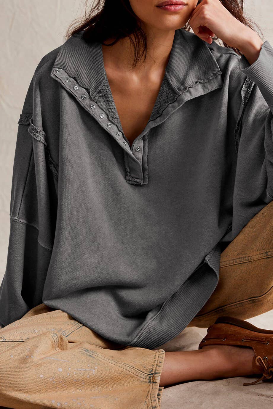 Half button outseam oversized sweatshirt: Fuchsia / L