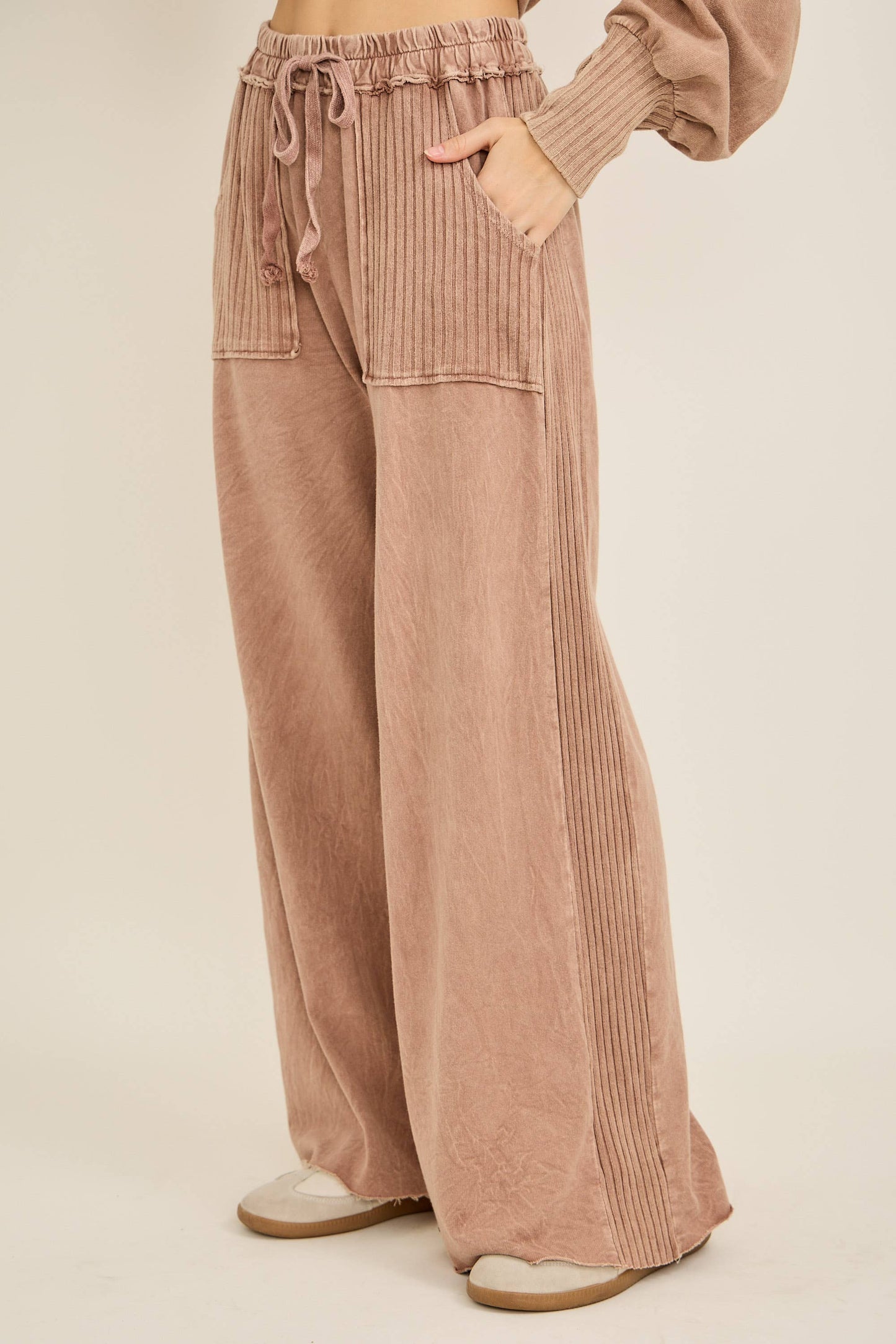 Mineral Wash Side Knit detail wide leg pants HE5878P..: Olive / S-M-L / 2-2-2