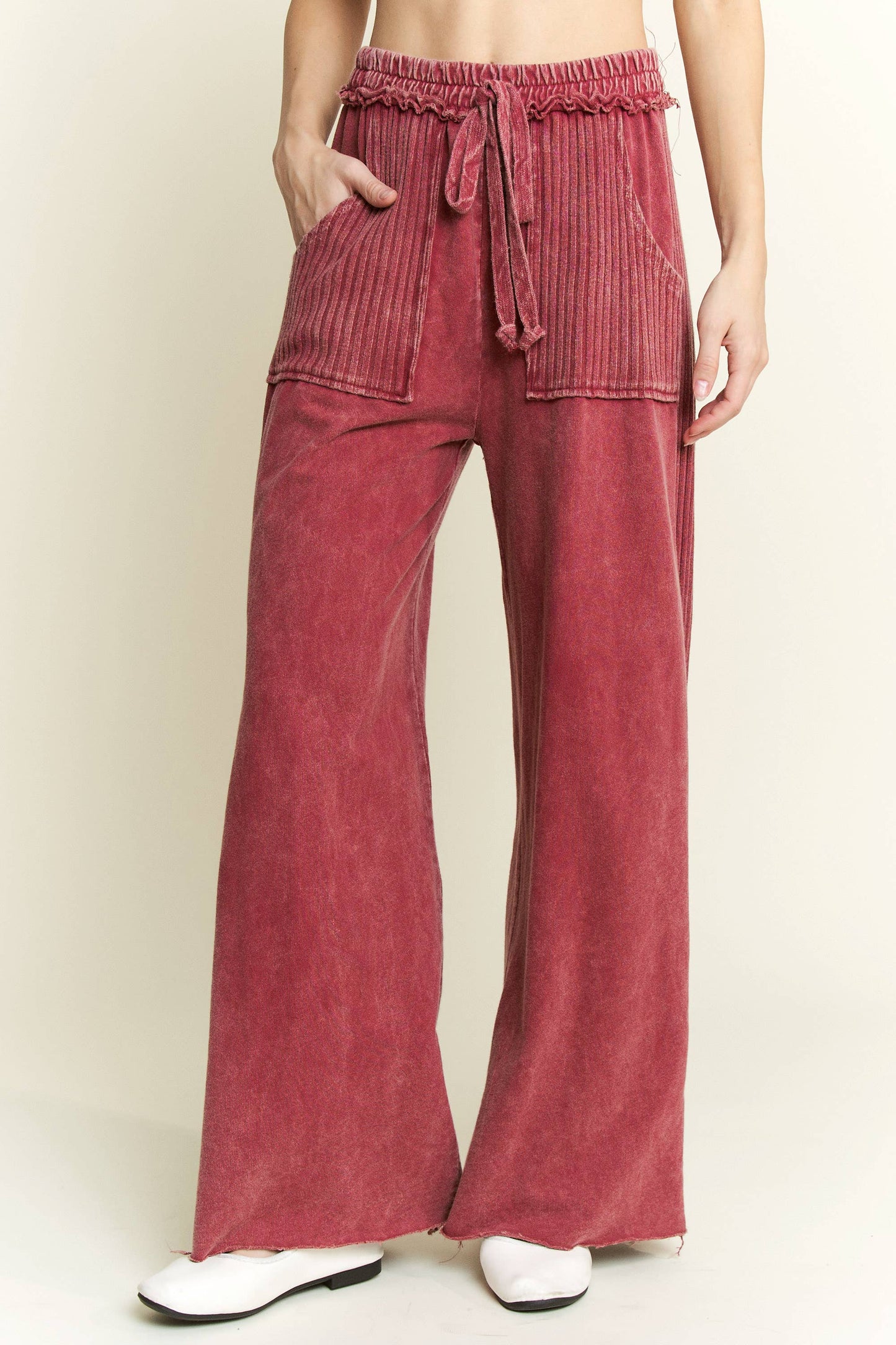 Mineral Wash Side Knit detail wide leg pants HE5878P: Midnight Green / S-M-L / 2-2-2