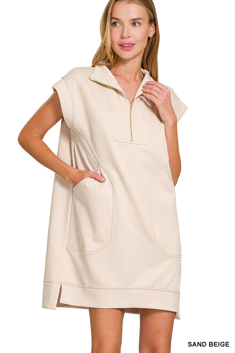 Textured Knit Jacquard Quarter Zipper Mini Dress: DUSTY BLUE / 2-2-2 (S-M-L)