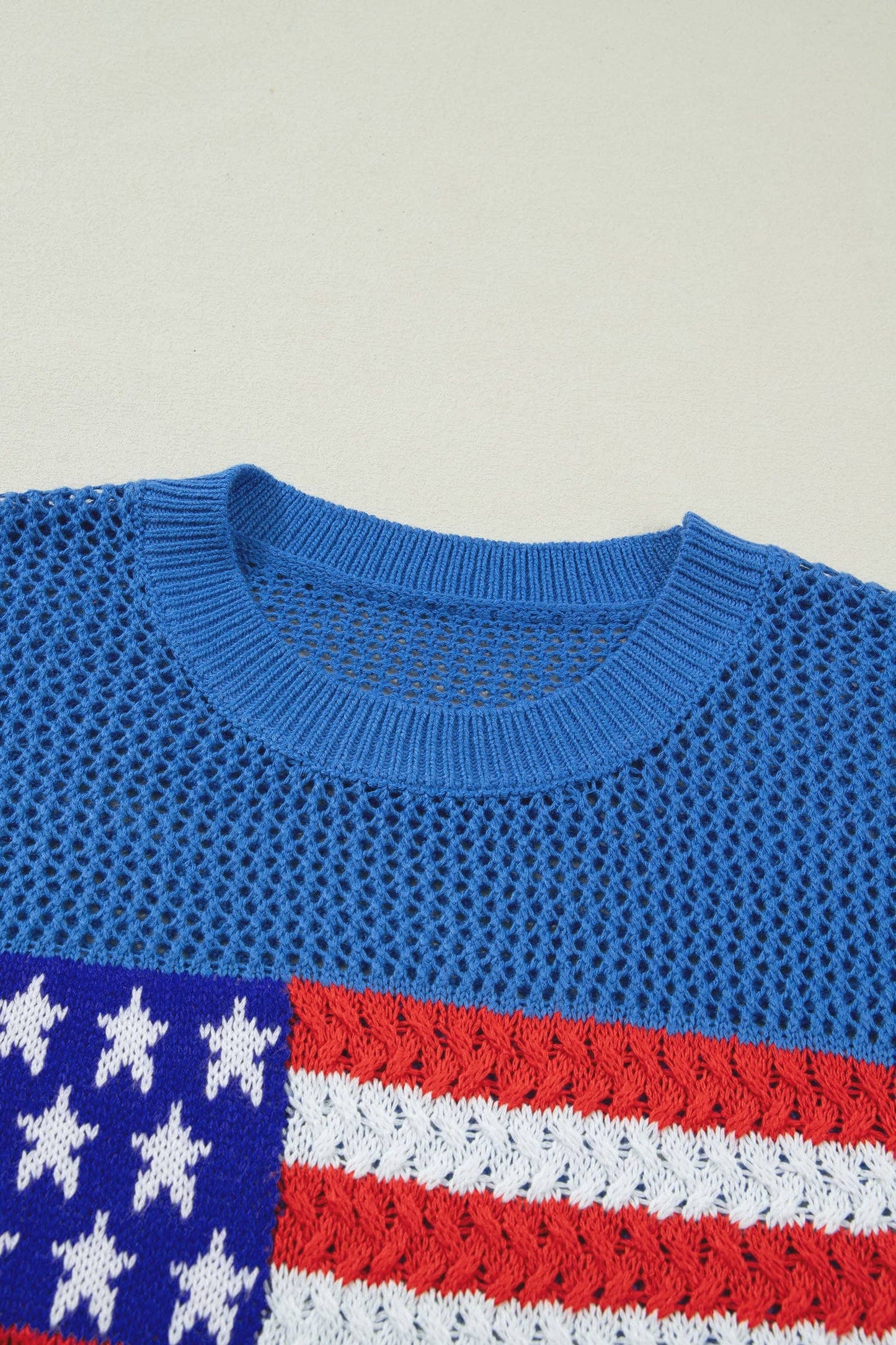 Blue American Flag Knit Short Sleeve Sweater Top: Sky Blue / 100%Acrylic / S