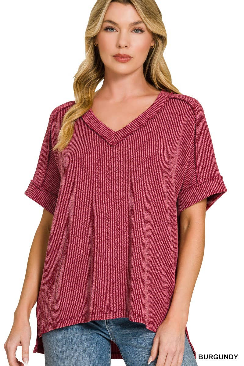 Raised Rib Short Sleeve Hi-low V Neck Top: RUBY / 3-3(S/M-L/XL)