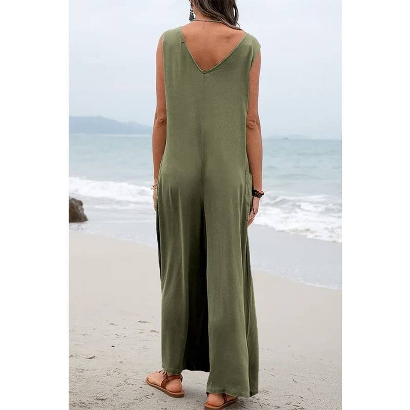 New Solid Color Pocket Fashion Jumpsuit : OLIVE GREEN / S