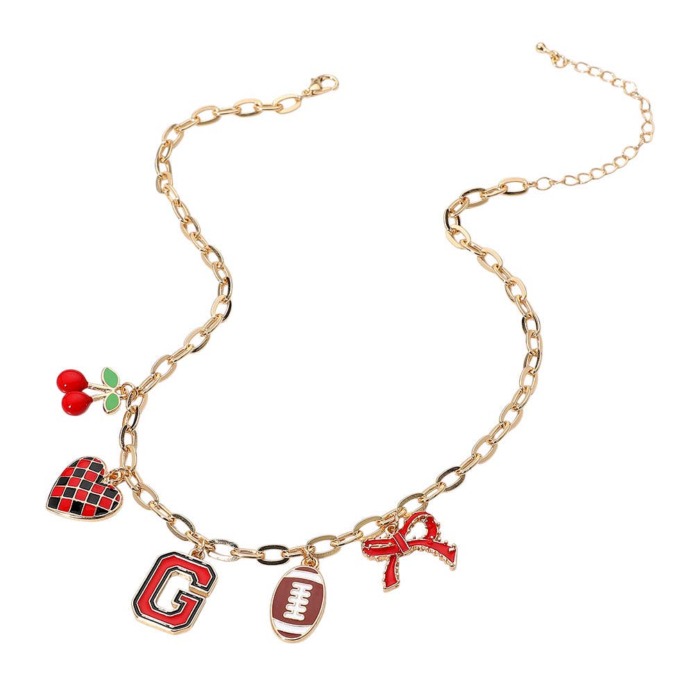 Football Theme Bow Cherry Heart Charm Station Necklace: Blue,Gold,White