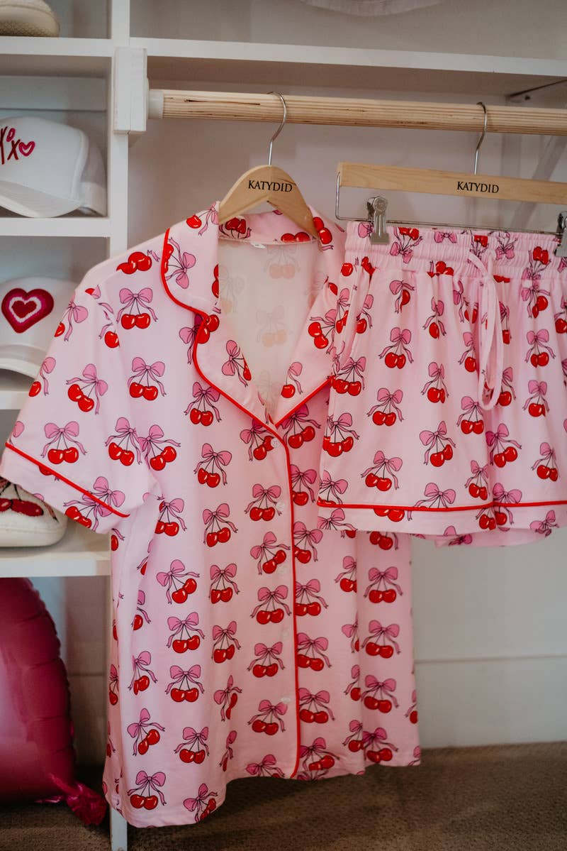 Cherry Bow Repeat Wholesale Cotton Pajamas: Light Pink / L