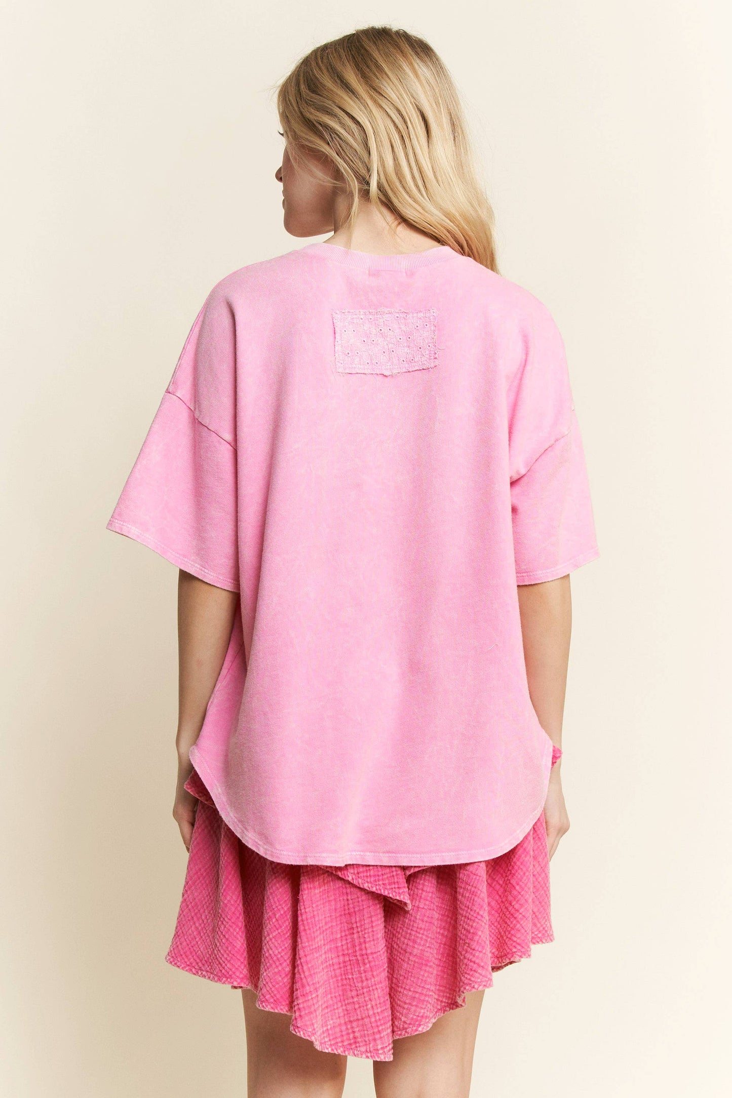 MineralWash Ribbon bow half sleeve shirt HT6308: Silver Grey / S-M-L / 2-2-2