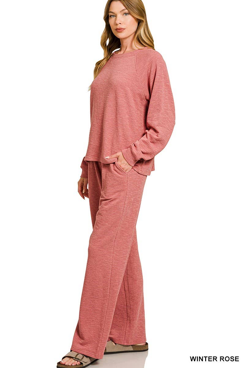 Slub Long Sleeve Top And Pants 2pcs Set: HUNTER GREEN / 1-1-1(S-M-L)