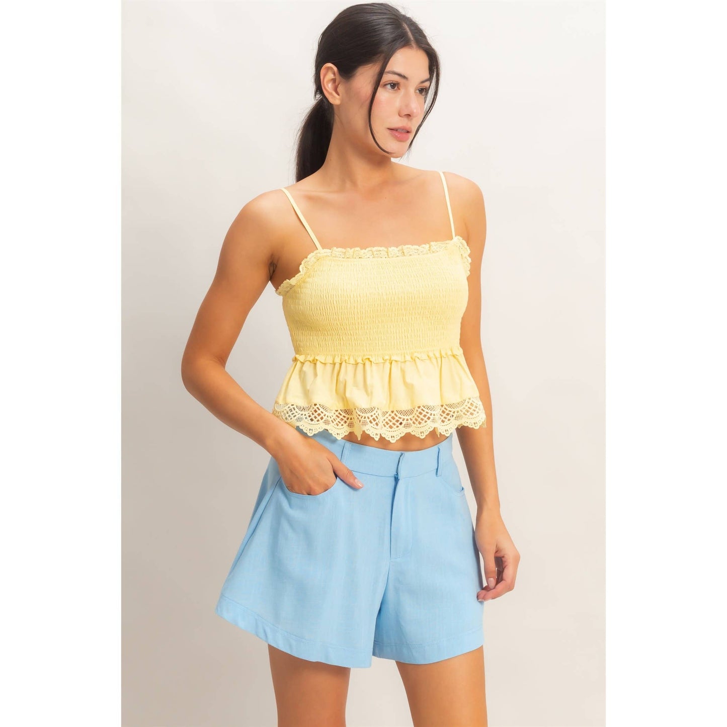Smocked Peplum Top With Lace Trim: YELLOW / S-M-L(2-2-2)