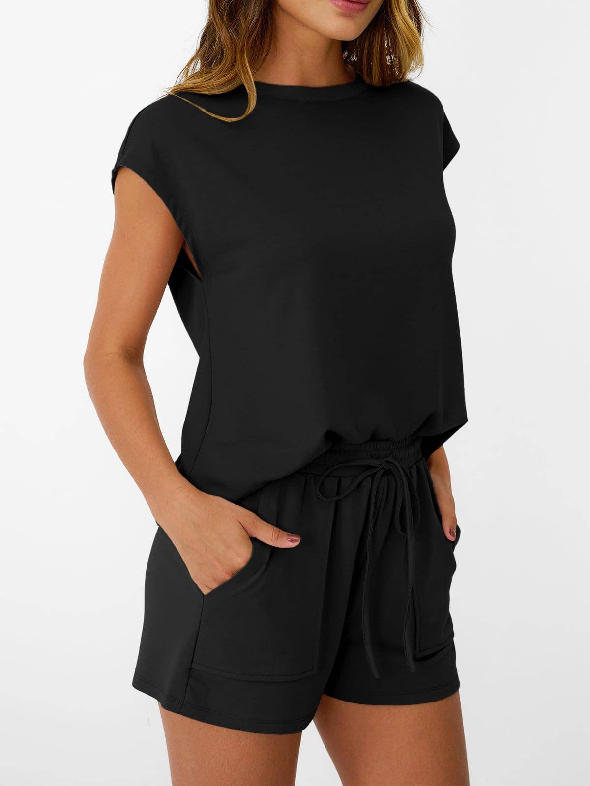 Womens Black Lounge Set Cap Sleeve Top and Shorts: Rose Red / 65%Polyester+30%Viscose+5%Elastane / L