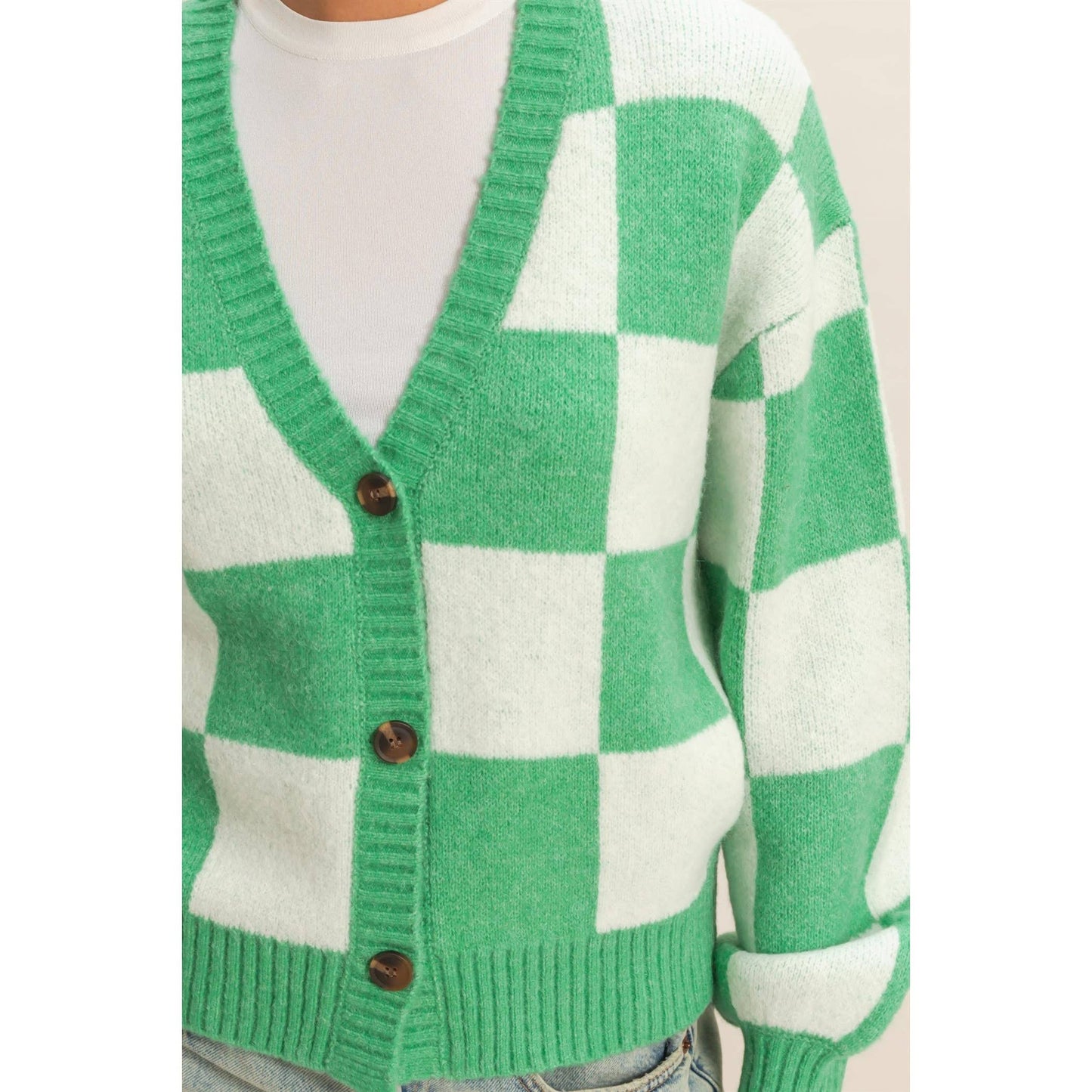 Checkered Button Front Cardigan Sweater: EMERALD/CREAM / S-M-L(2-2-2)