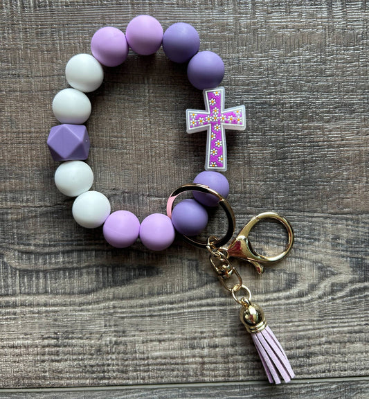 He is Risen Floral Cross Wristlet Keychain: Purple