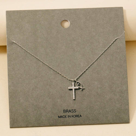 Pave Cross And Fish Charms Chain Necklace: RHCRY
