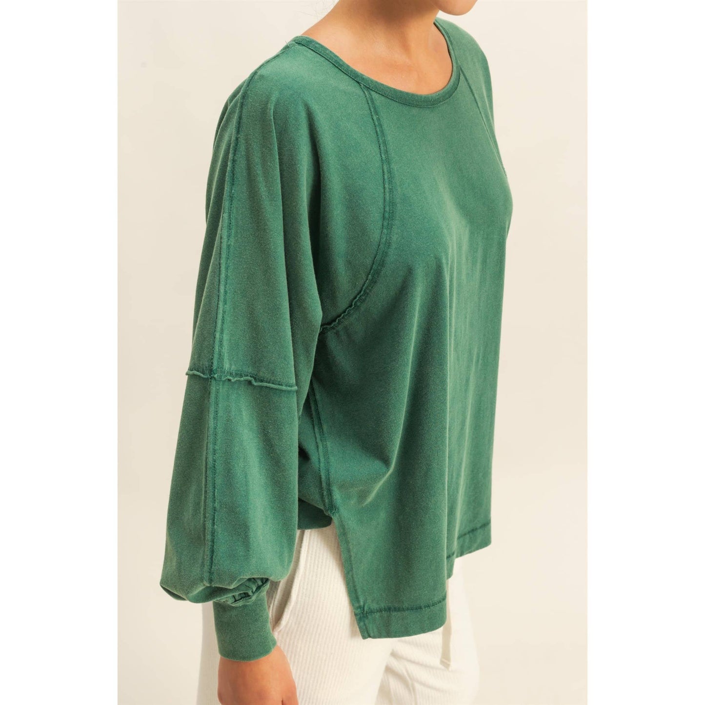 Washed Oversized Long Sleeve Top With Slit: CREAM / S-M-L(2-2-2)