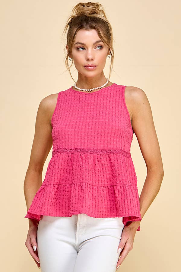 WK50480 - BABYDOLL TIER BUBLLE WOVEN TOP WITH TIE BACK: SATIN ROSE / S-M-L/2-2-2