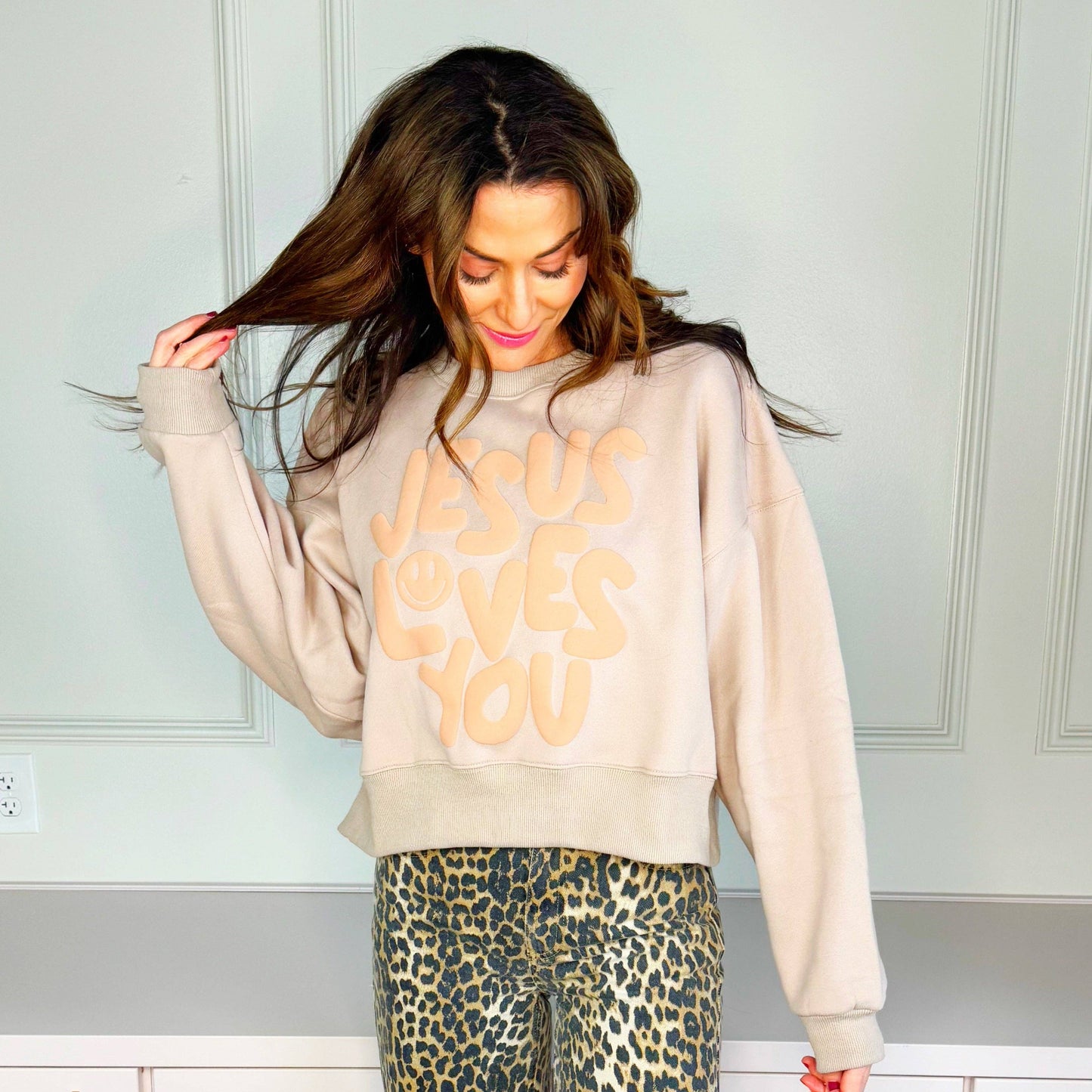 Smiley Jesus Loves You Puff Tan Crop Sweatshirt: Navy / L/XL