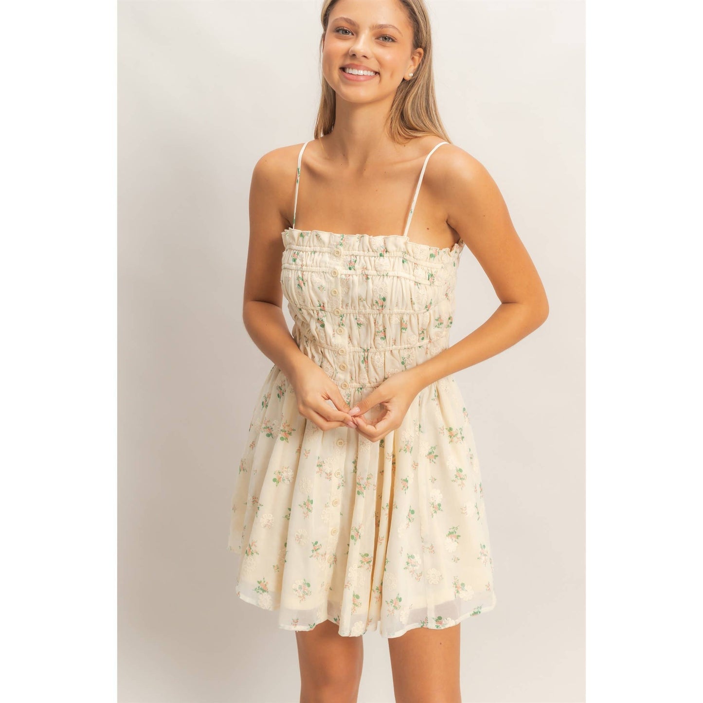 Shirred Floral Button-Front Mini: PINK / S-M-L(2-2-2)