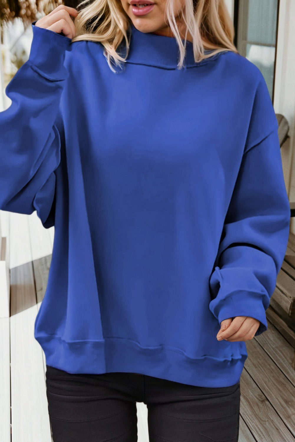 66Love Solid Oversize Reversible Mock Neck Sweatshirt (S-XL): Purple / Missy / S