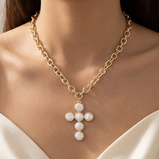 Pearl Discs Cross Pendant Necklace: GCM