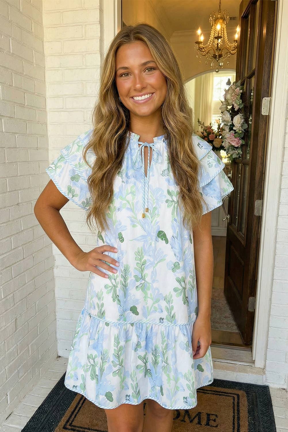 LAS Floral Contrast Edge Layered Mini Dress (S-XL): Sky Blue / Missy / XL