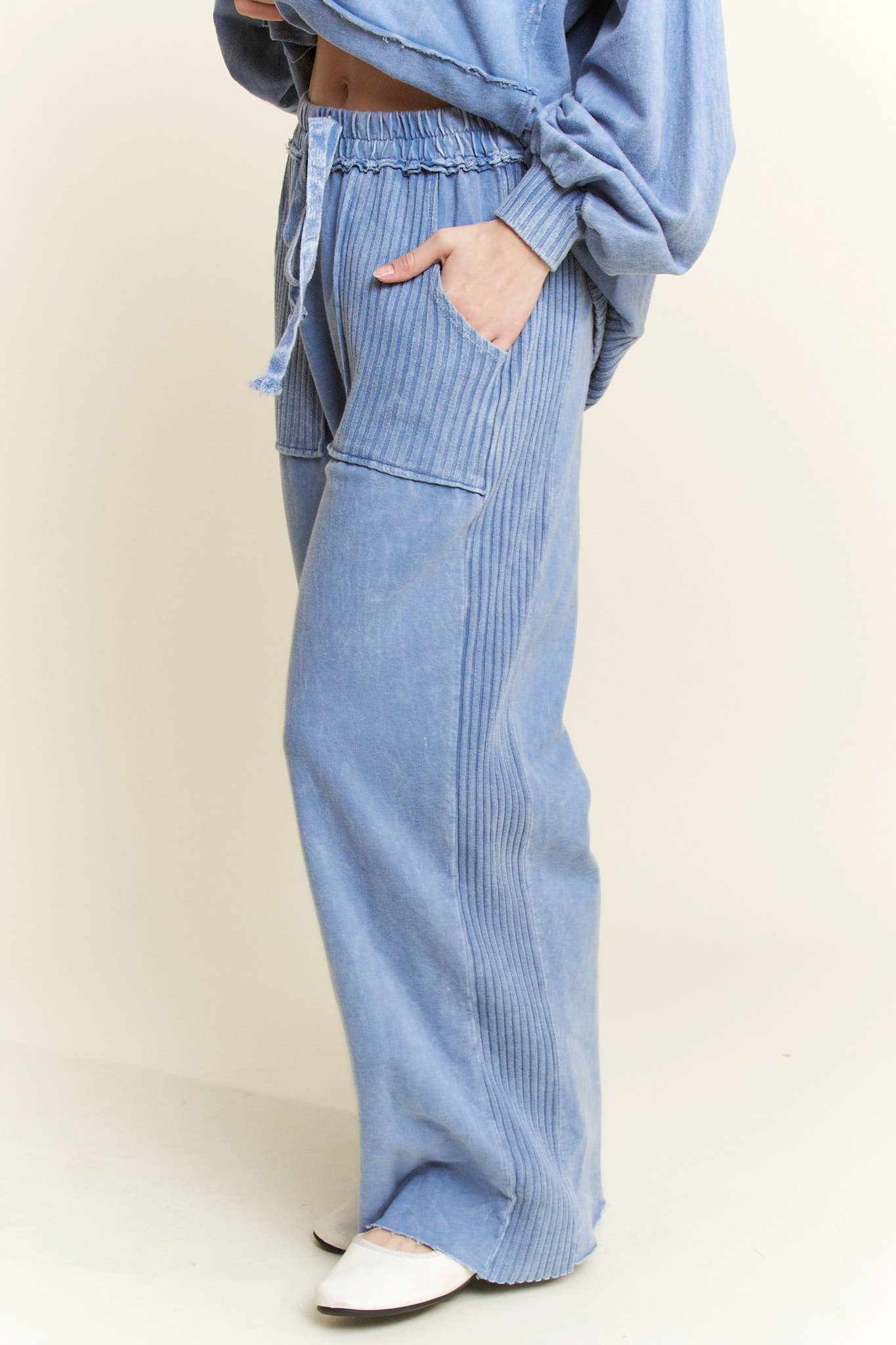Mineral Wash Side Knit detail wide leg pants HE5878P..: Burgundy / S-M-L / 2-2-2
