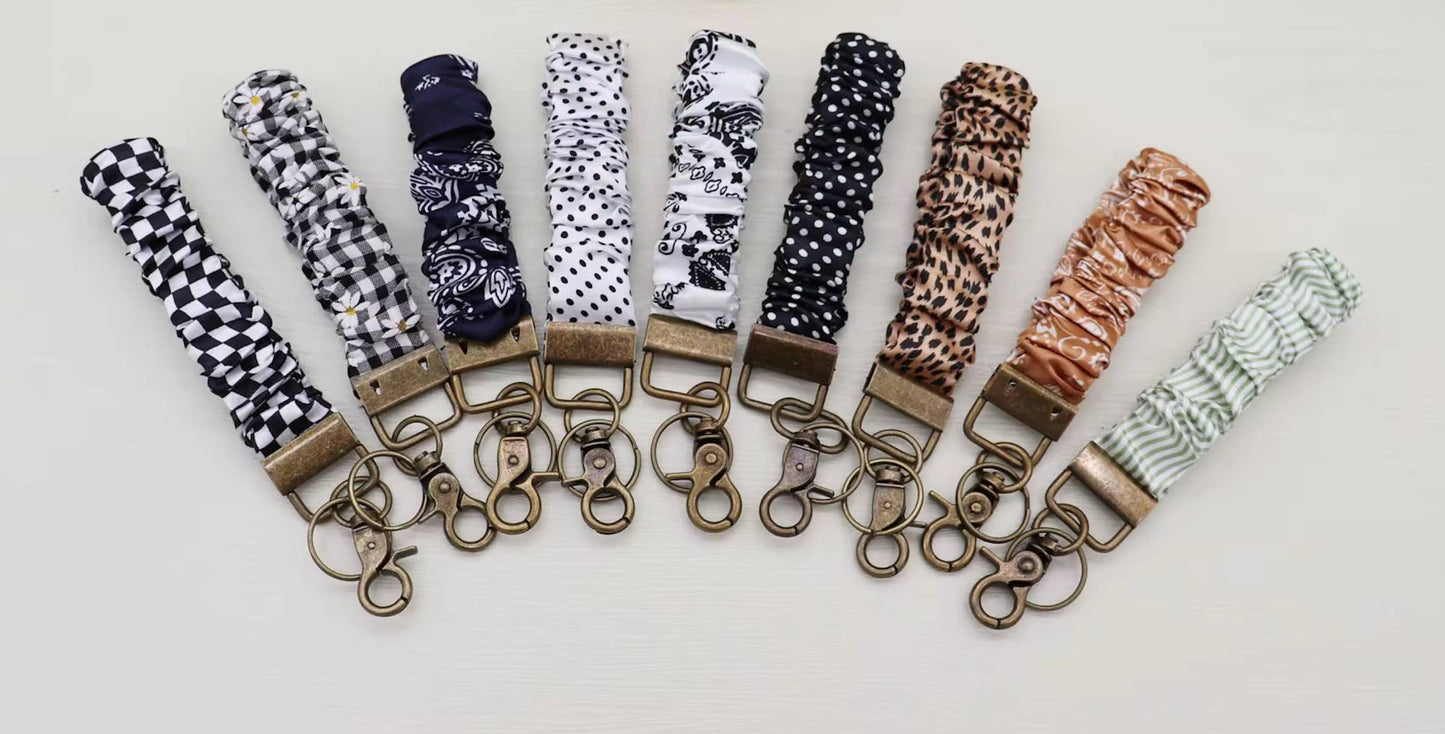 Silky Scrunchie Wristlet Keychain: White Polka Dot
