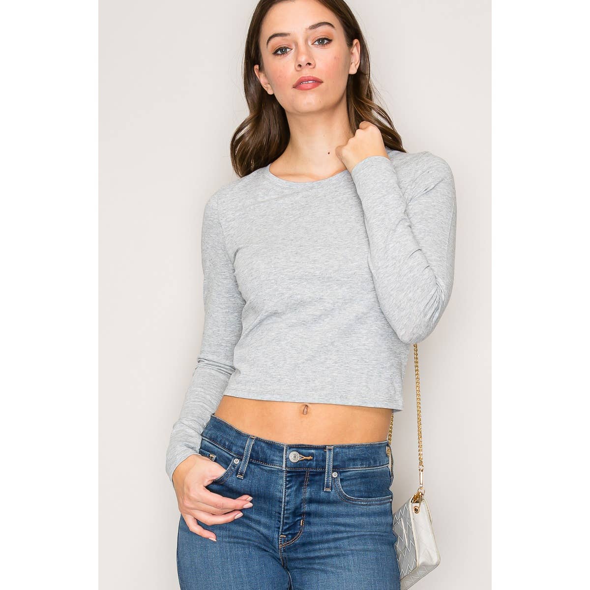 Crew Neck Long Sleeve Crop Top: Black / S-M-L(2-2-2)
