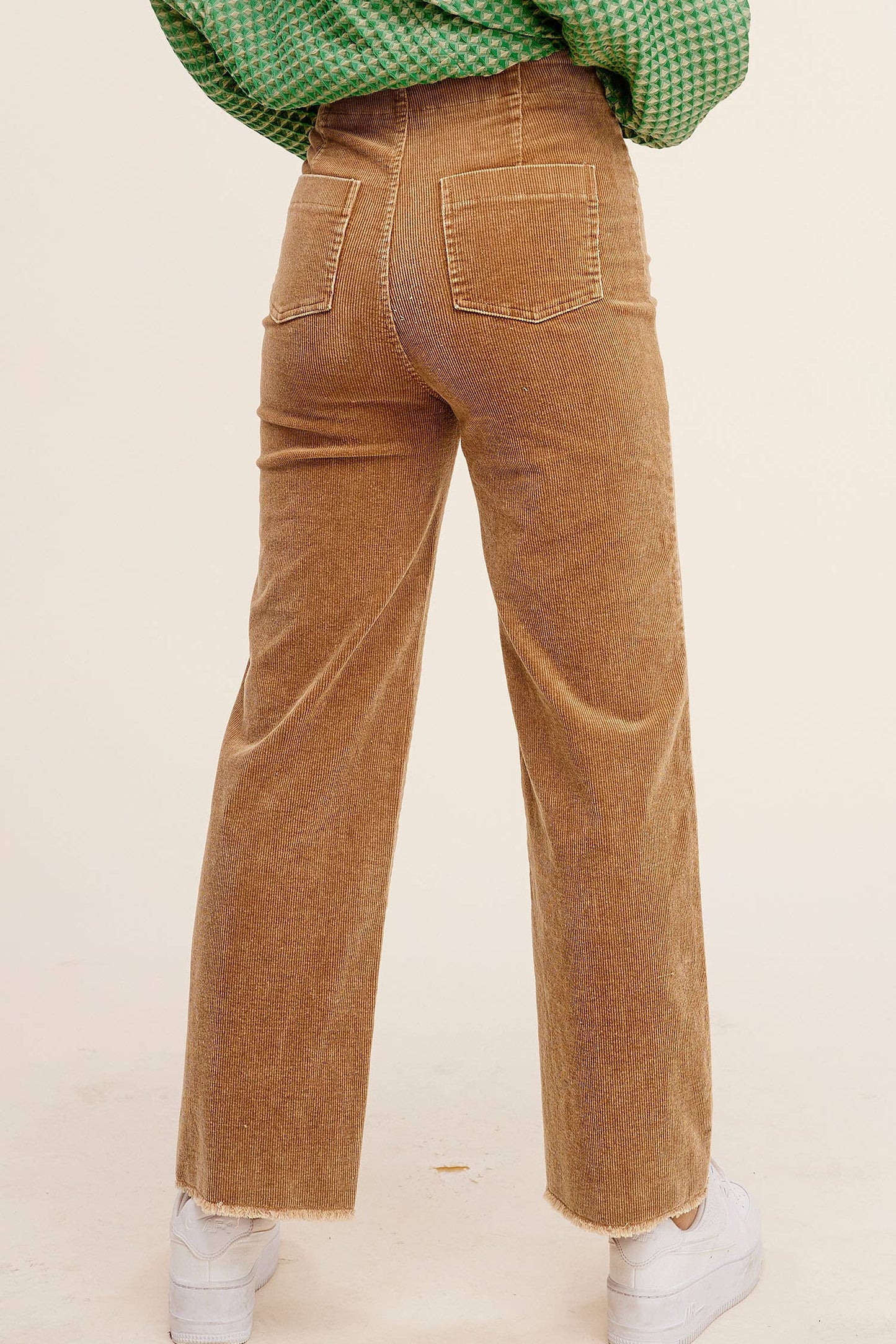 MCP4220-Mineral Washed High Waisted Wide Leg Corduroy Pants: Brown / S