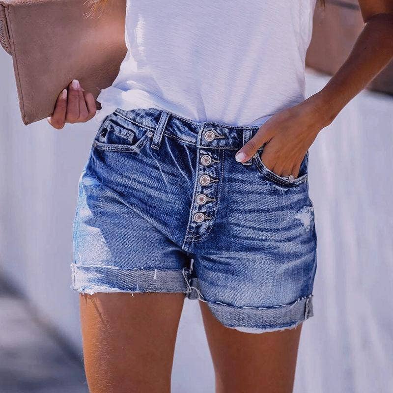 Stretch Button Denim Short: Blue / 2XL