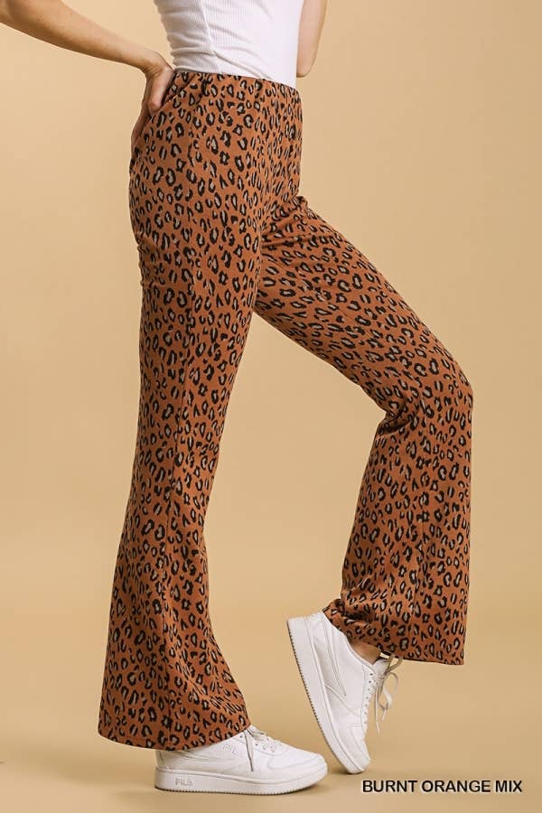 Animal Print Stretch Bell Bottom Pants With Elastic Waistban: MOCHA MIX / 2-2-2 (S-M-L)