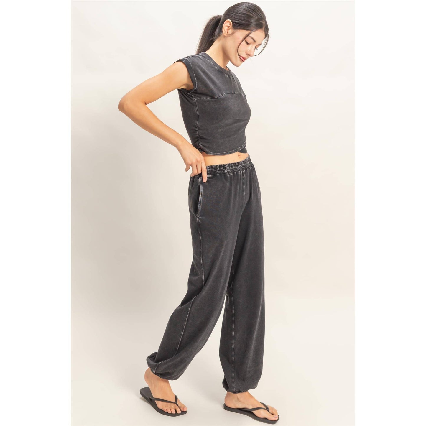 Rolled Sleeve Wrap-Front Crop Top And Jogger Set: DARK TEAL / S-M-L(2-2-2)