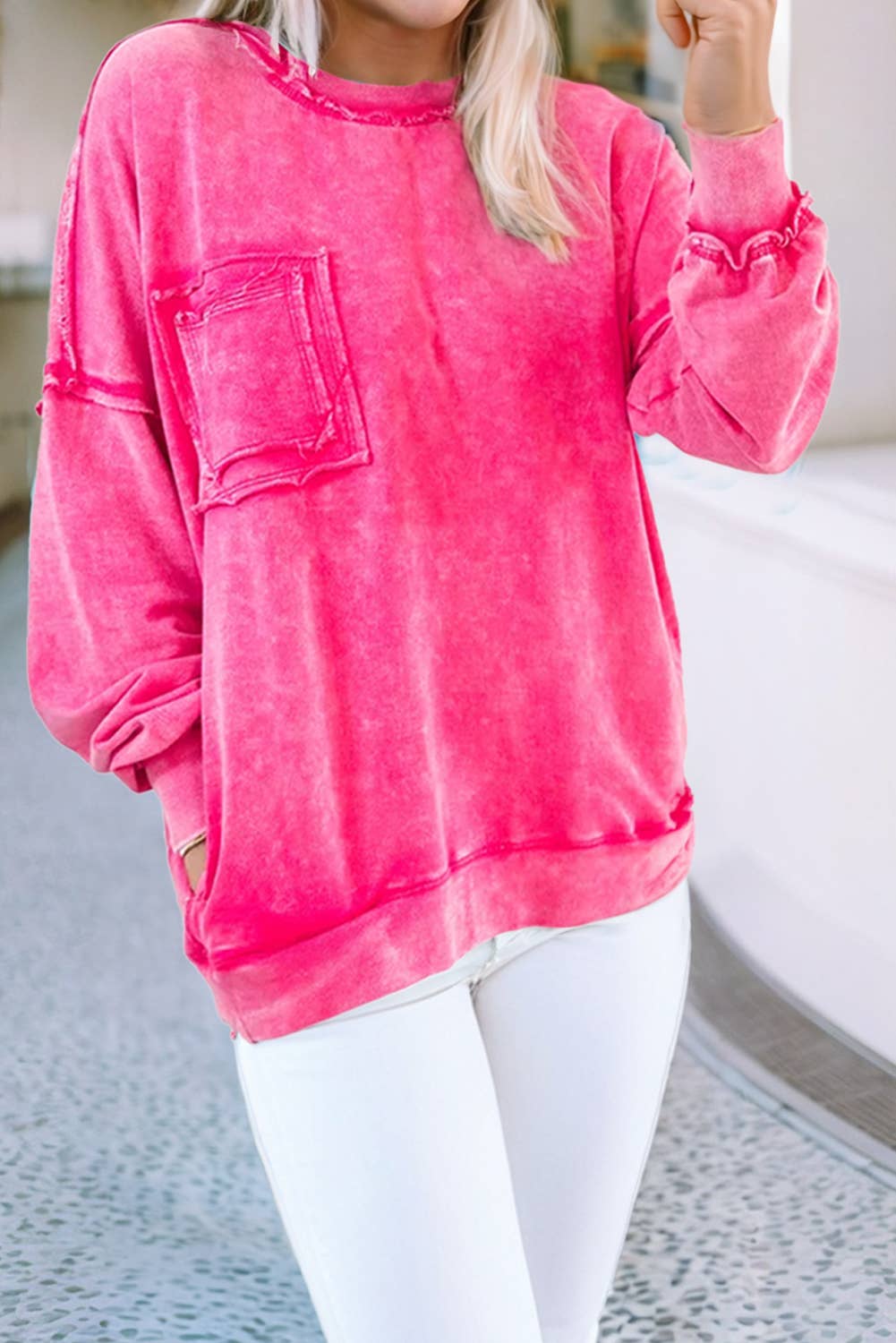 LDC Solid Acid Wash Pocket Pullover: Blue / M