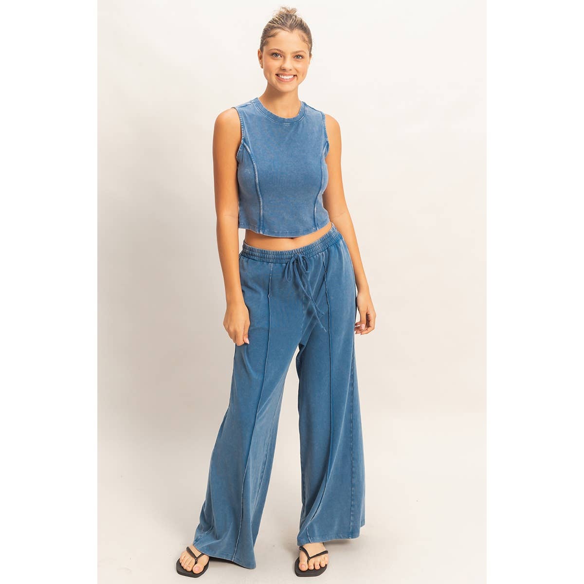Mineral Washed Sleeveless Top & Wide Leg Pants Set: BLACK / S-M-L(2-2-2)