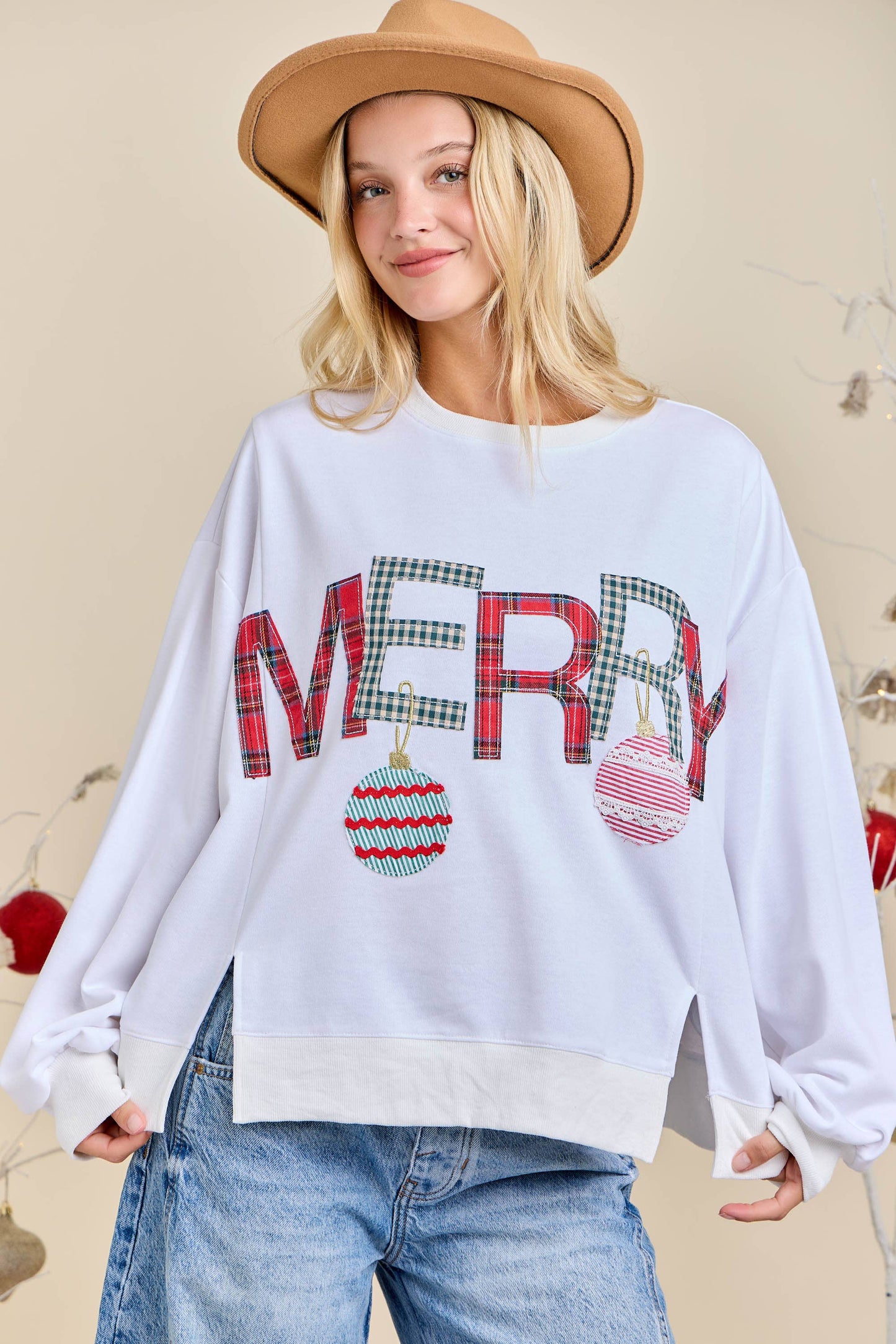 Merry With Ornament Patchwork Oversized Long Sleeve Top: HUNTER GREEN / L
